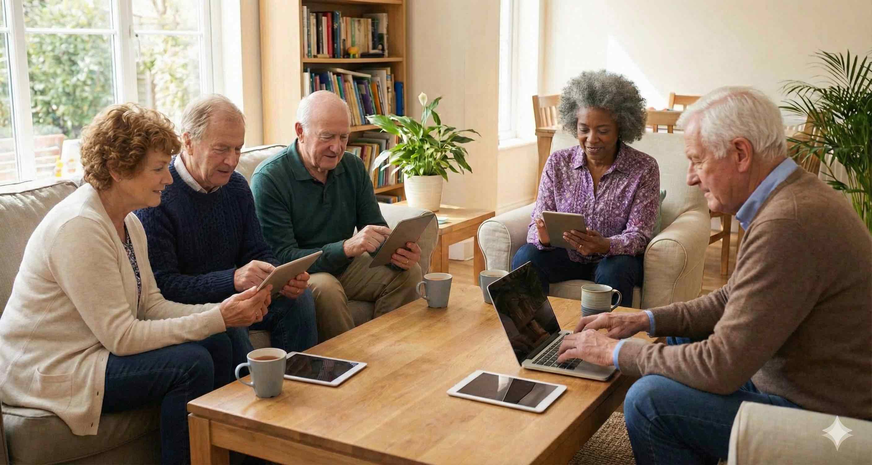 Mature adults enjoying technology together outdoors